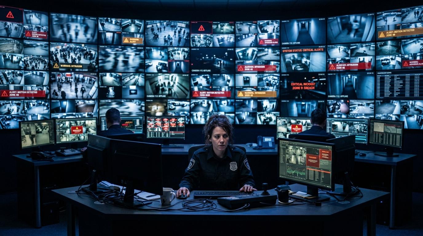 Legacy surveillance control room monitor wall with operator fatigue